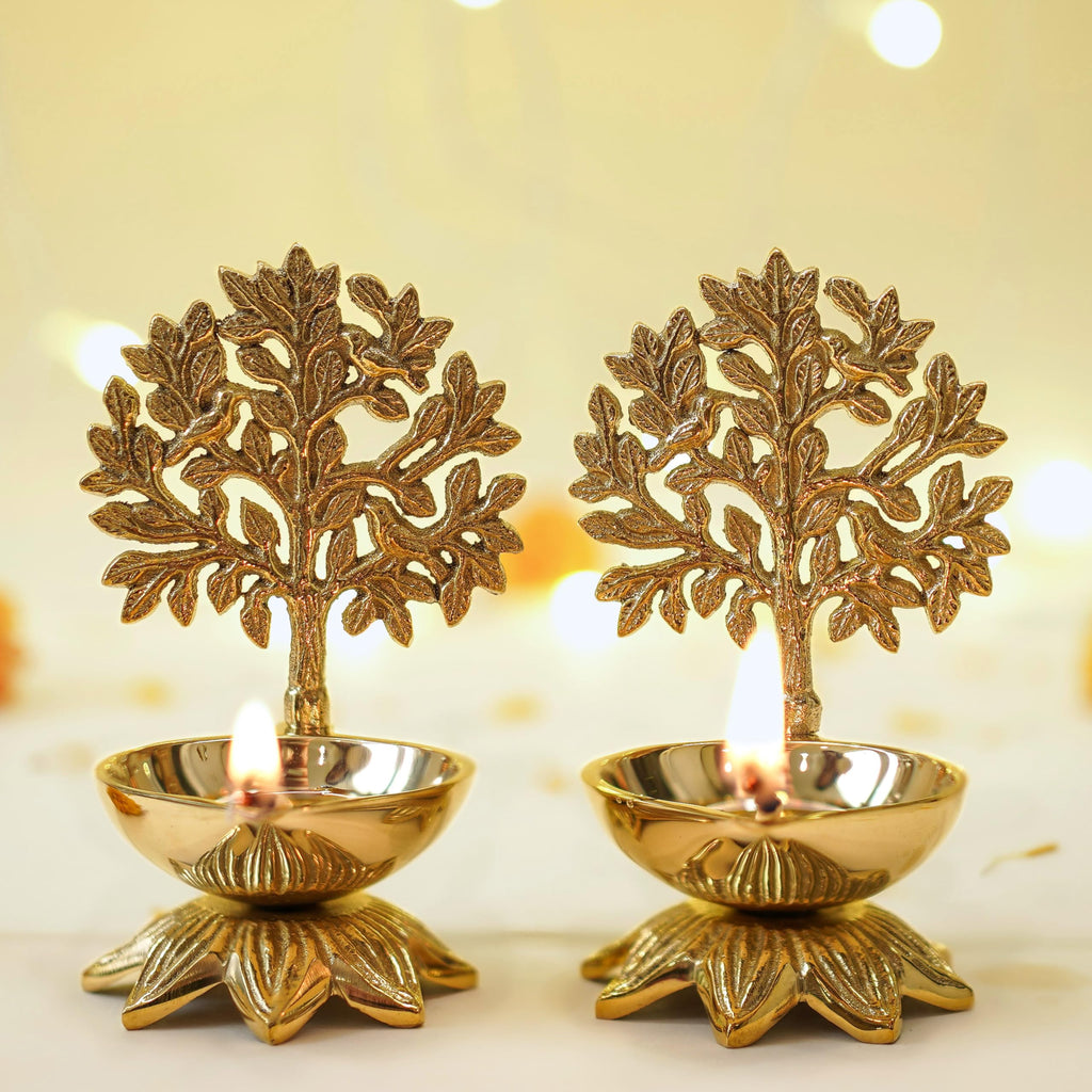Behoma 100% Pure Brass Handcrafted Kalpavriksha Diya for Puja - Set of 2