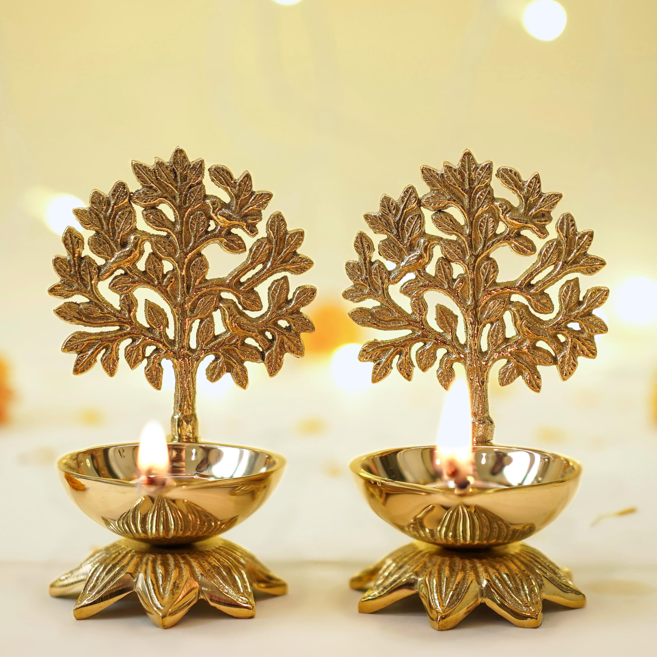 Behoma 100% Pure Brass Handcrafted Kalpavriksha Diya for Puja - Set of 2