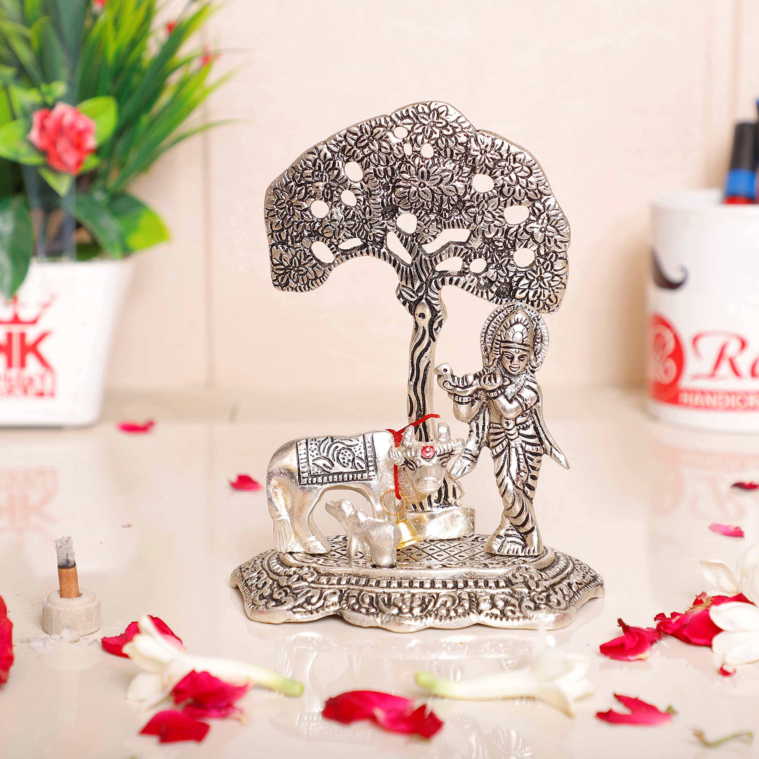 Prince Home Decor & Gifts Aluminum Metal Silver Plating Krishna with Cow Standing Under Tree playing Flute Statue (Silver, 12 x 8 x 17 cm)