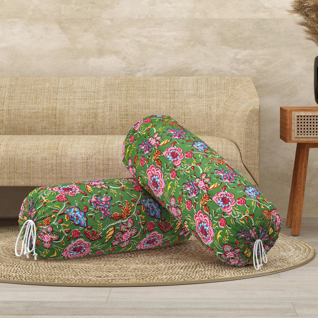 BLOCKS OF INDIA Cotton Hand Block Printed Bolster Cover | Booster Cover with Drawstring | Round Long Pillow Cover for Bed | Dewan Pillow Cover Set 16 X 32 | Set of 2 (Green JAAL)