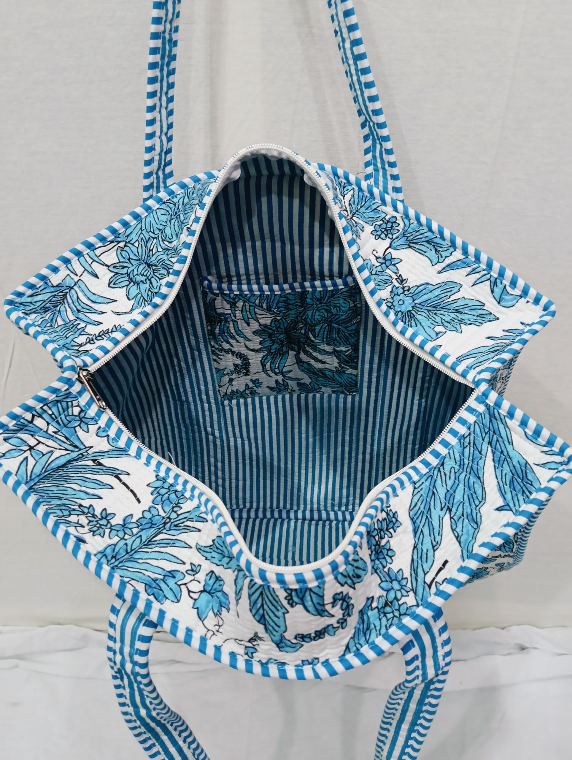 Doraya Cotton Printed Tote Bag,Hand Bag Multicolor Quilted Hand Block Floral Printed Women's Carry Bag Shoulder Shopping Tote Bags 18x5.5x16 Inch (Blue 2)