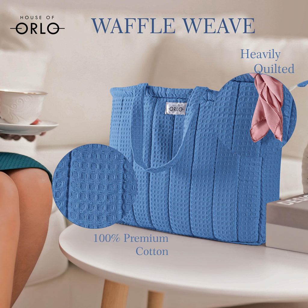 HOUSE OF ORLO Quilted 100% Cotton Waffle Weave Handmade Tote Bags with Zipper and Double Handles for Women Ideal for College, Travel, Work and Daily Use (Sky-Blue)