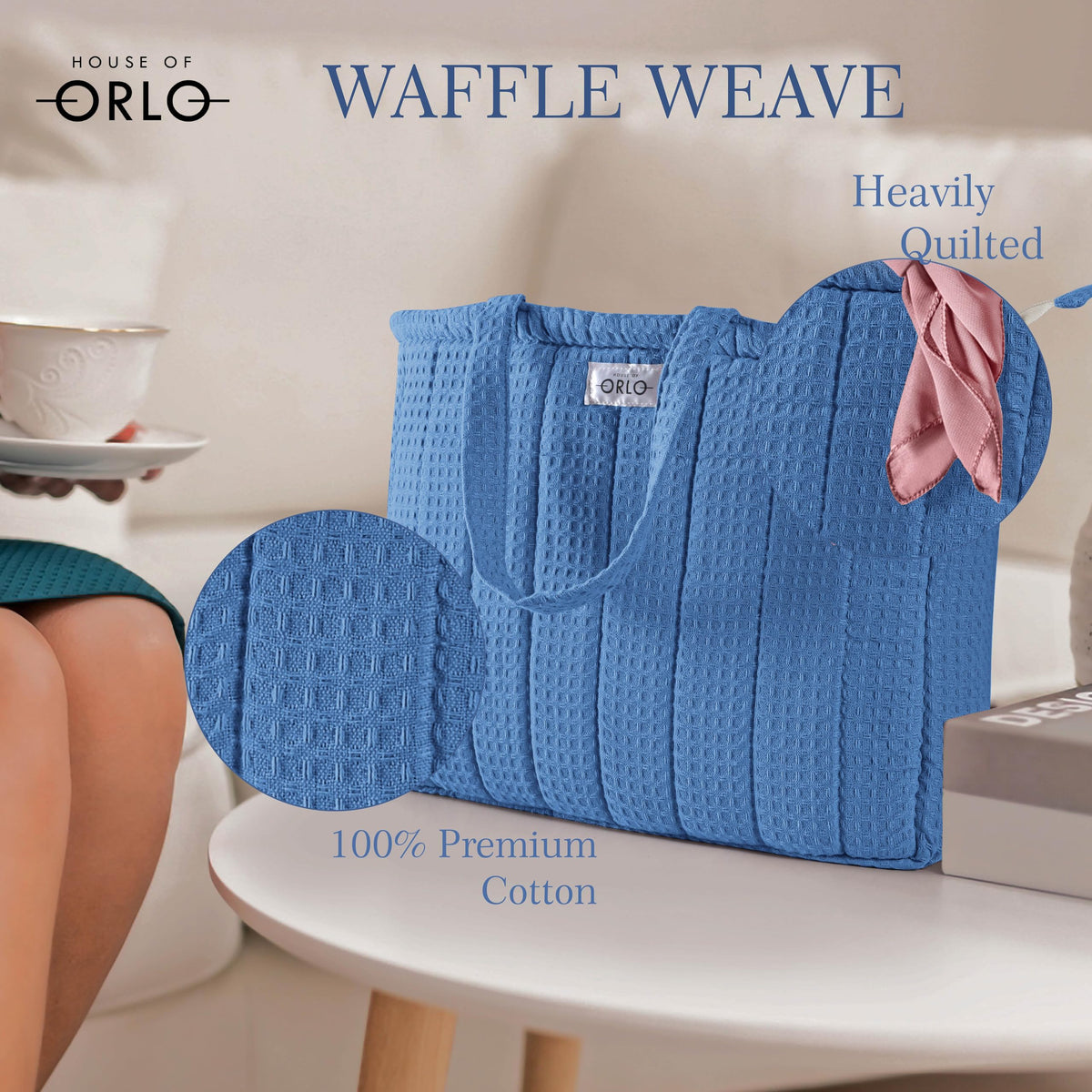HOUSE OF ORLO Quilted 100% Cotton Waffle Weave Handmade Tote Bags with Zipper and Double Handles for Women Ideal for College, Travel, Work and Daily Use (Sky-Blue)