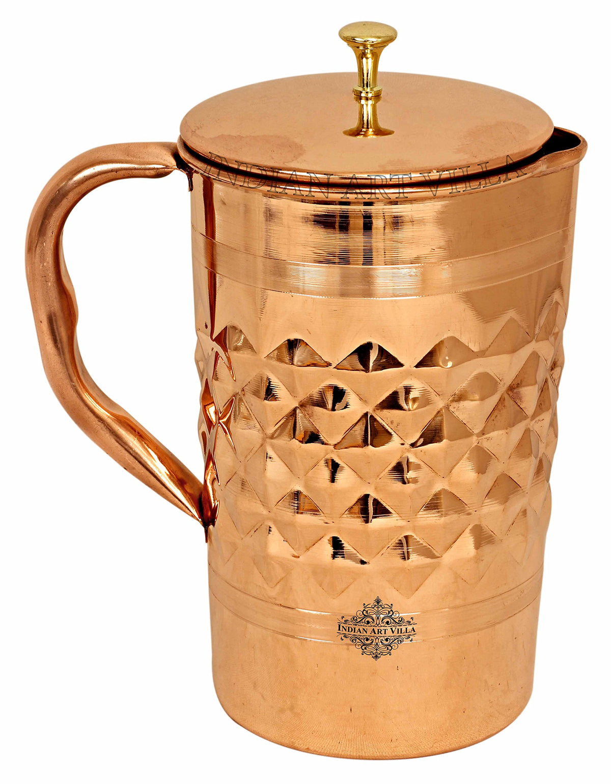 Indian Art Villa Dinamond Hammered Design Copper Jug Pitcher with Brass Knob, Storage & Serving Water, Yoga Ayurveda Healing, Volume- 1000 ML