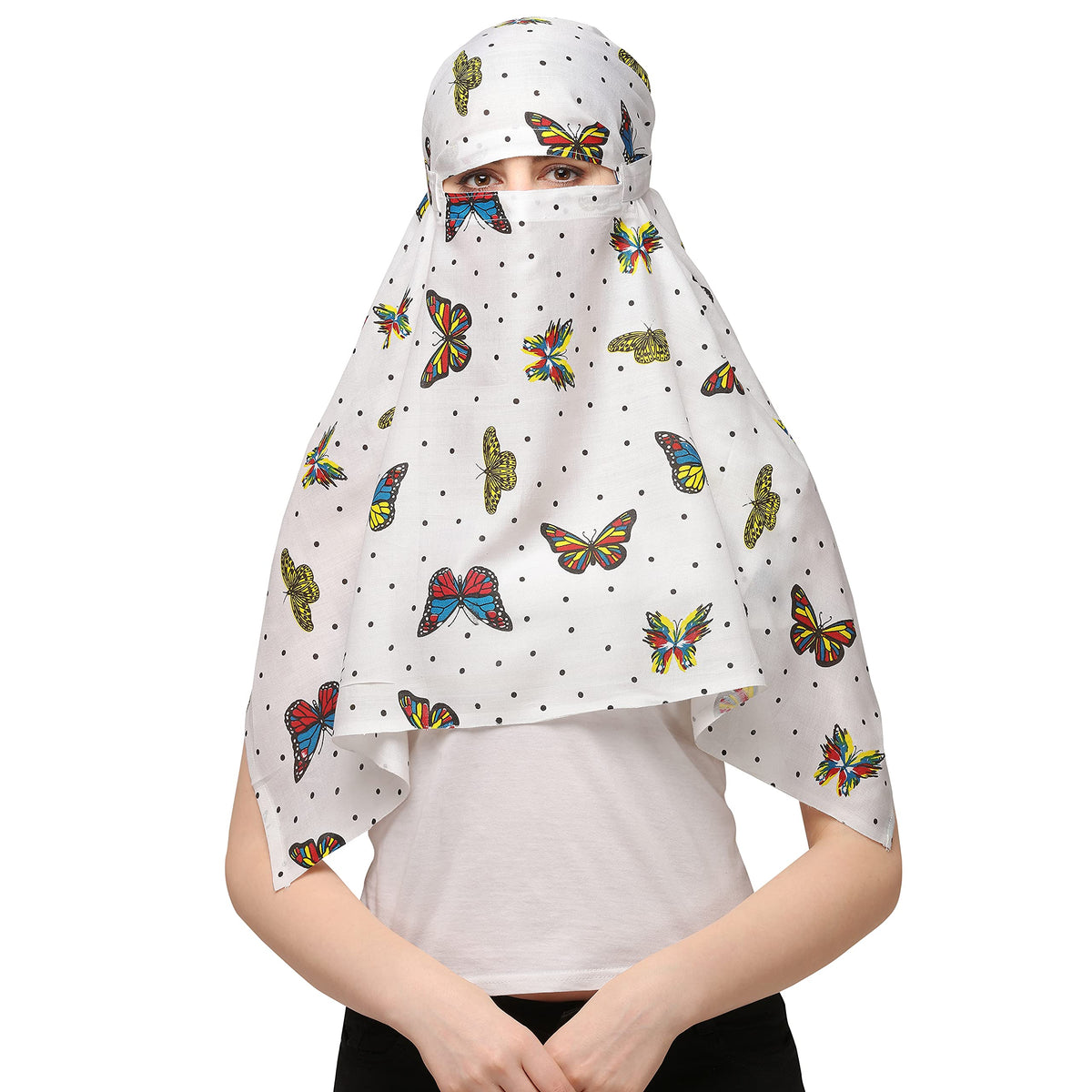 7 season's Women's Cotton Short Scarf Cum Mask Scarves for Female Usable For Vehicle Driver Multi Colour Printed Design (White- S Butterfly)