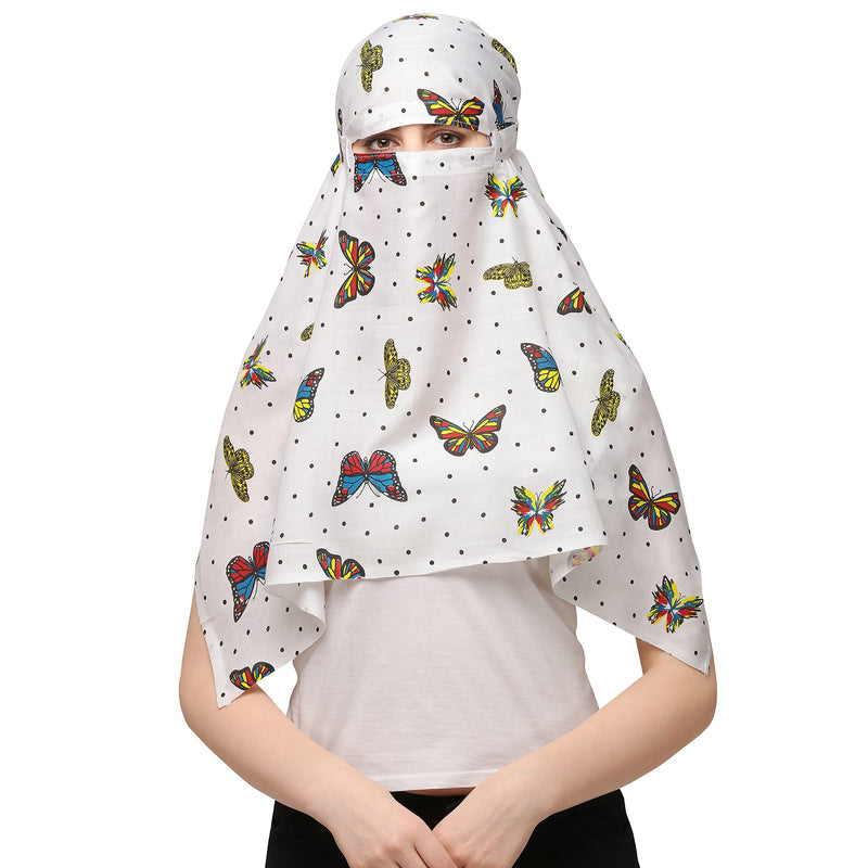 7 season's Women's Cotton Short Scarf Cum Mask Scarves for Female Usable For Vehicle Driver Multi Colour Printed Design (White- S Butterfly)