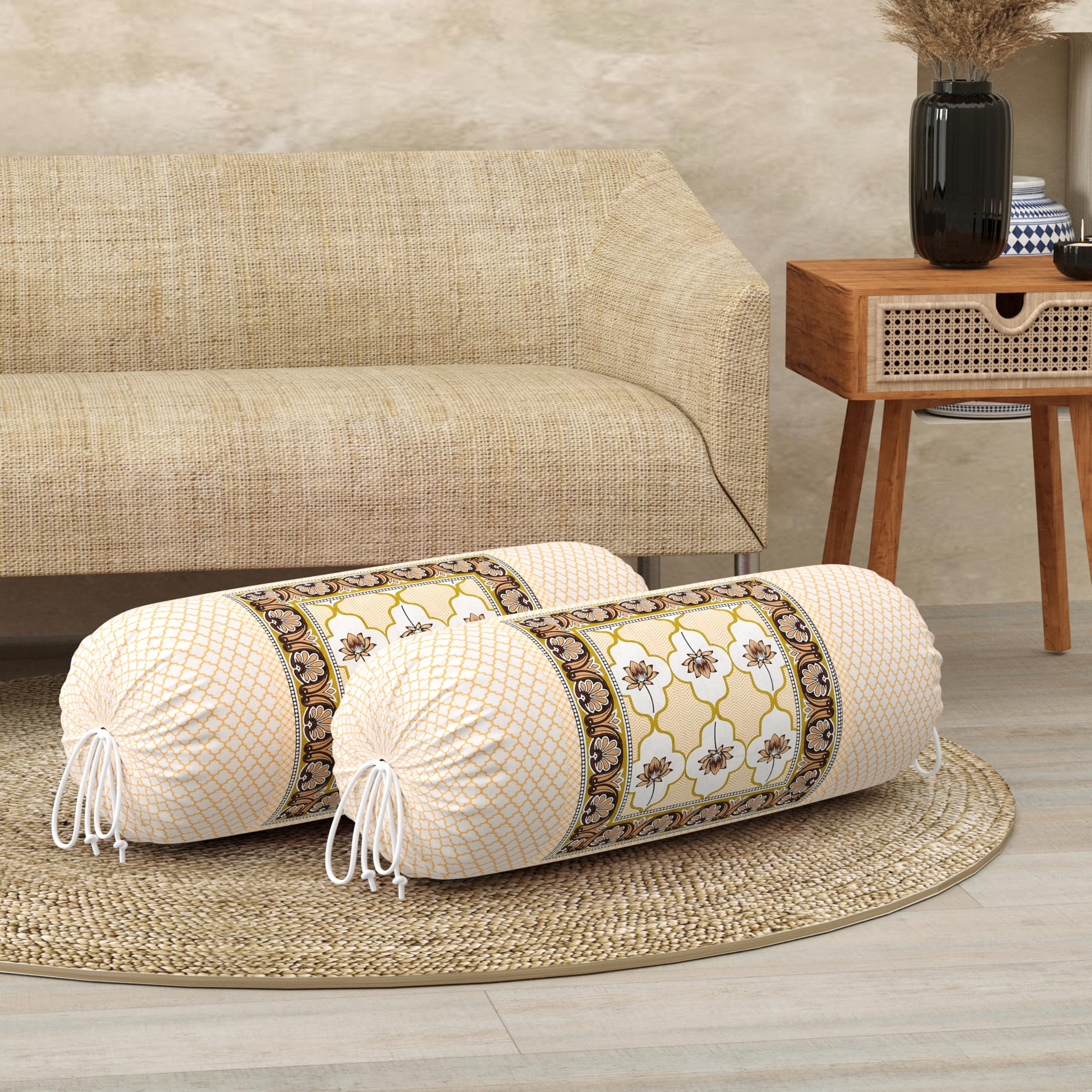 BLOCKS OF INDIA Cotton Hand Block Printed Bolster Cover | Booster Cover with Drawstring | Round Long Pillow Cover for Bed | Dewan Pillow Cover Set 16 X 32 | Set of 2 (Color 33)