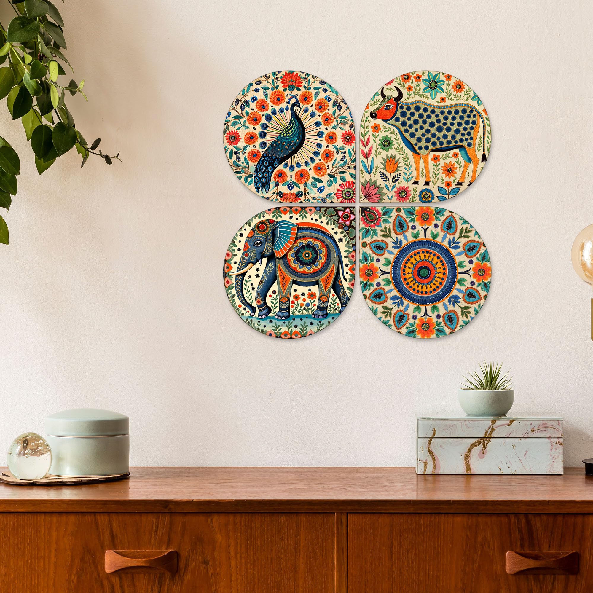 Artvibes Folk Fusion Wooden Art Decoration Item for Living Room | Wood Decorative Items | Modern Decoration | Artwork | Festive Decor | Wall Poster | Handcrafted Art | Unique Gift (WH_8446N), Set of 4