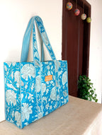 Cotton Tote bag for Women | Shoulder Bag | Reversible Bag | Durable Shopping bag | Reusable Grocery Bags | Eco friendly Bags| Handmade Cotton Bag | Stylish Quilted handBag (turqoise blue and white)