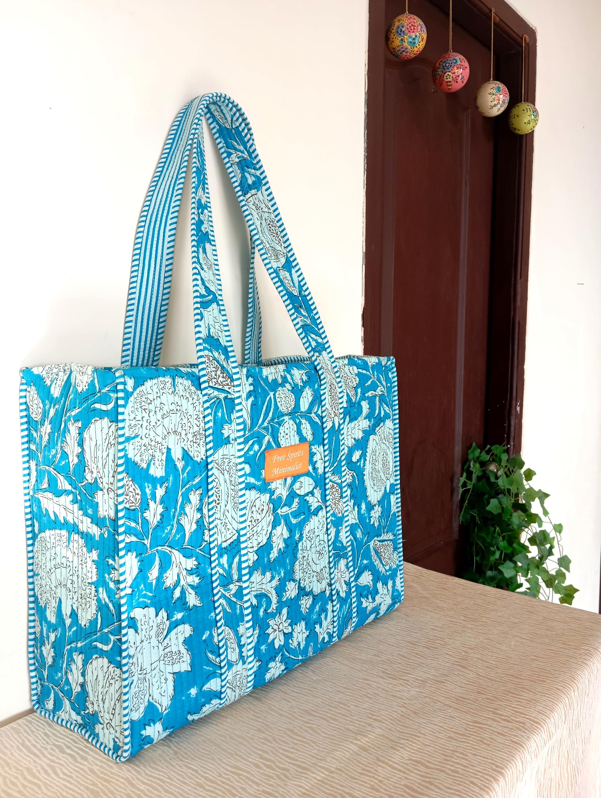 Cotton Tote bag for Women | Shoulder Bag | Reversible Bag | Durable Shopping bag | Reusable Grocery Bags | Eco friendly Bags| Handmade Cotton Bag | Stylish Quilted handBag (turqoise blue and white)
