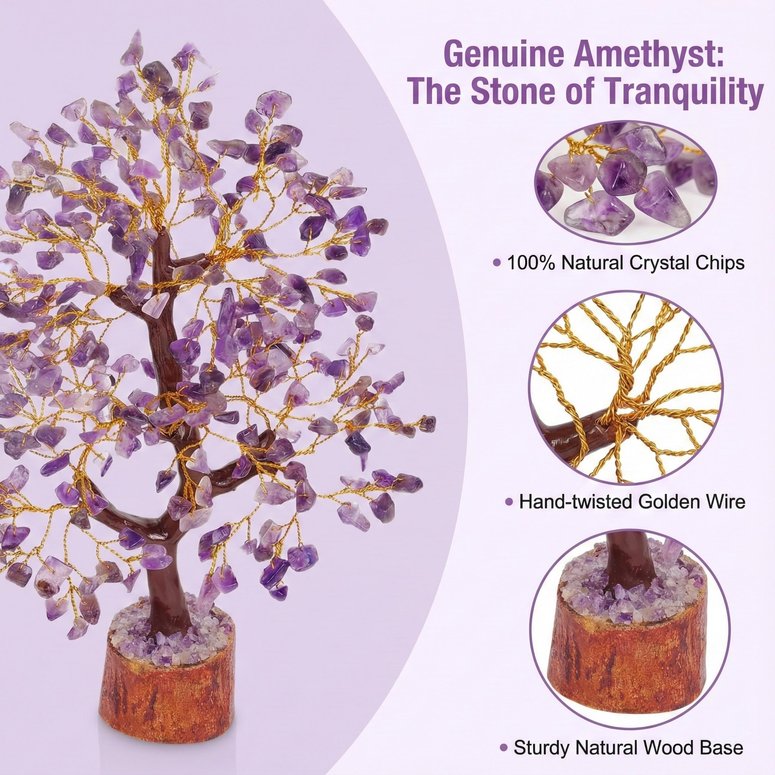 Gurram Natural Amethyst Crystal Tree of Life - 10-12 Handcrafted Gemstone Money Tree with Wooden Base - Spiritual Reiki Healing Decor, Positive Energy Gift for Housewarming, Birthdays & Office - Decorative Feng Shui Ornament (Amethyst Crystal Tree)