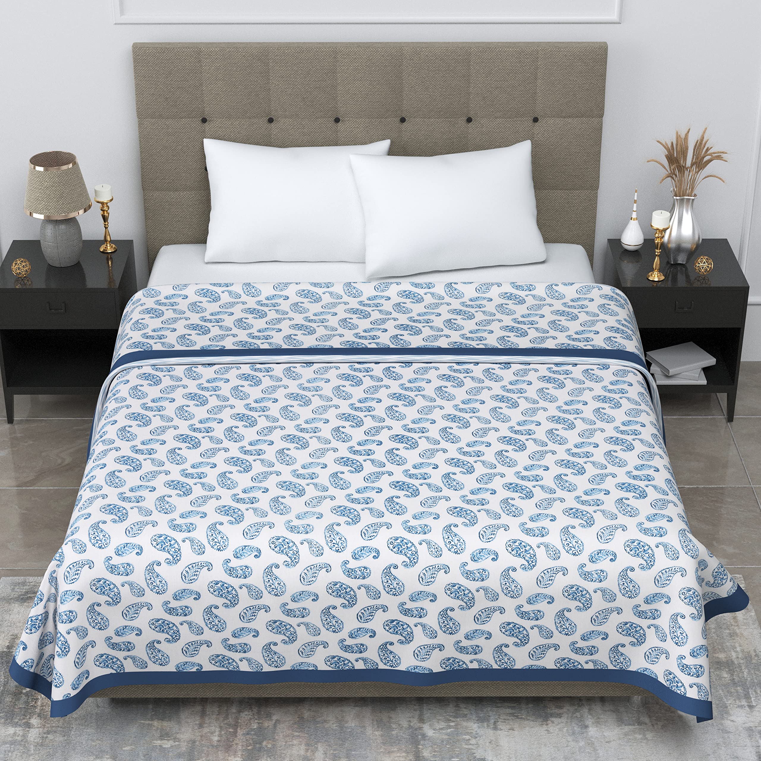 LINENWALAS 300 Tc Cotton Reversible Single Bed Dohar with Silk Border | Soft-Lightweight Blanket -Double (90 X 100) Inches, Blue Paisley Kafalo