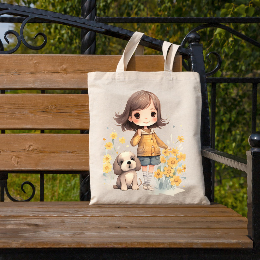 Metsi Canvas Tote Bag for Women, 13x15 Plain Cotton Tote Bag with Zipper, Reusable Multi-Purpose Cotton Bags for Shopping, School, Beach, Groceries, Painting, DIY Gift Bags, Girl with Puppy 1