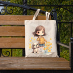 Metsi Canvas Tote Bag for Women, 13x15 Plain Cotton Tote Bag with Zipper, Reusable Multi-Purpose Cotton Bags for Shopping, School, Beach, Groceries, Painting, DIY Gift Bags, Girl with Puppy 1