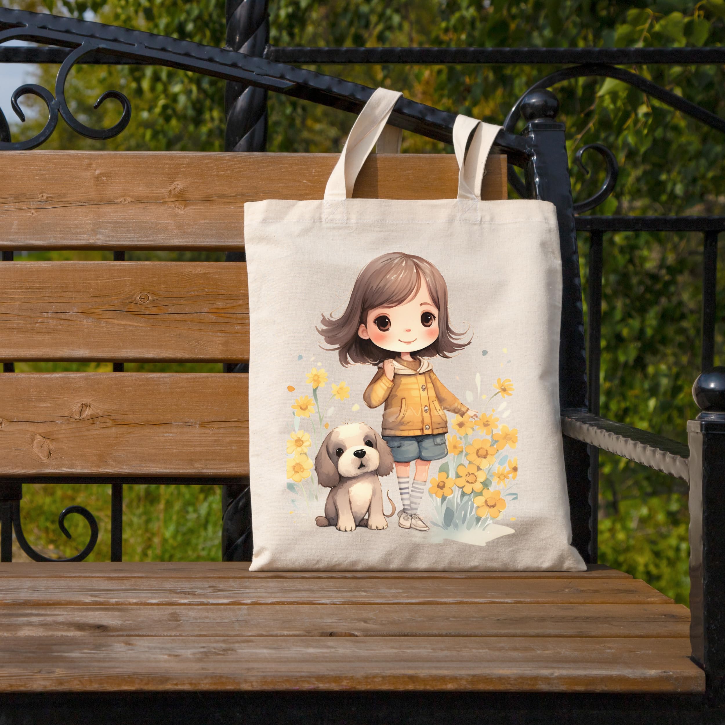 Metsi Canvas Tote Bag for Women, 13x15 Plain Cotton Tote Bag with Zipper, Reusable Multi-Purpose Cotton Bags for Shopping, School, Beach, Groceries, Painting, DIY Gift Bags, Girl with Puppy 1