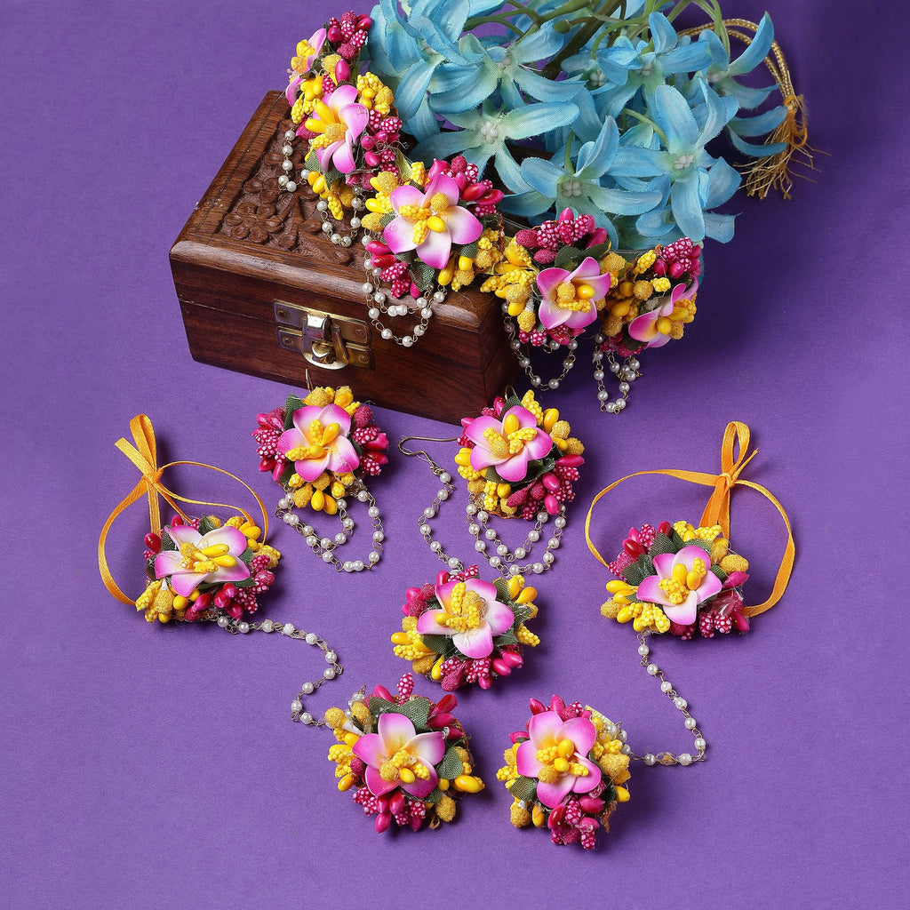 ZENEME Handmade Pink & Yellow Floral Jewellery Set for Women & Girls | Handcrafted Flower Necklace Set with Earrings, Maang Tikka & Pair of Hathphool | Mehendi, Haldi, Wedding & Bridal Jewallery