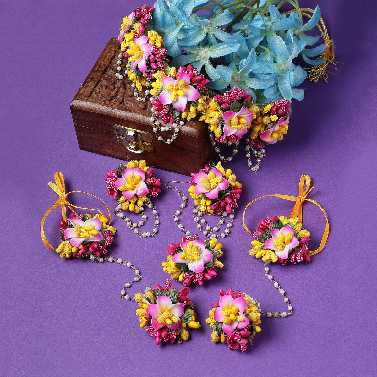 ZENEME Handmade Pink & Yellow Floral Jewellery Set for Women & Girls | Handcrafted Flower Necklace Set with Earrings, Maang Tikka & Pair of Hathphool | Mehendi, Haldi, Wedding & Bridal Jewallery