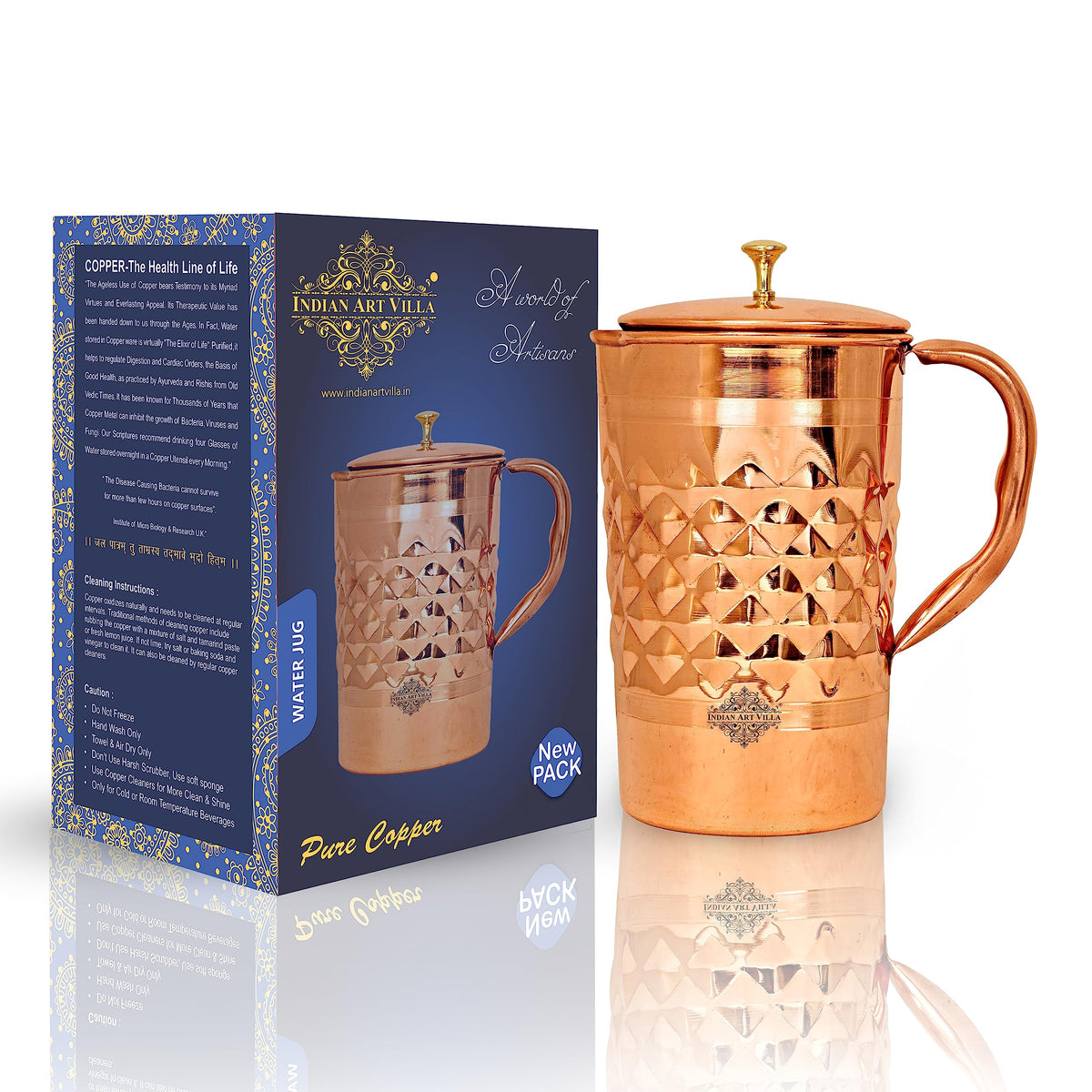 Indian Art Villa Dinamond Hammered Design Copper Jug Pitcher with Brass Knob, Storage & Serving Water, Yoga Ayurveda Healing, Volume- 1000 ML