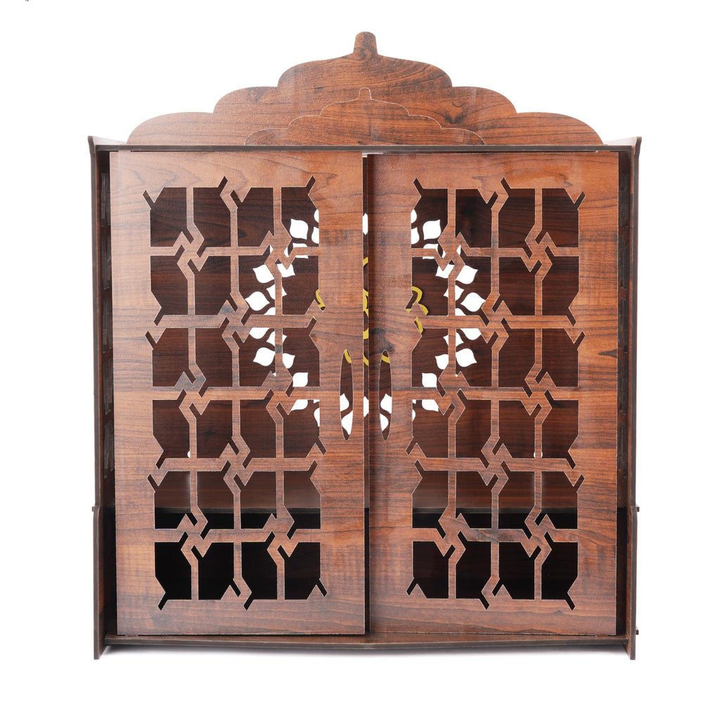 Pixie Daisy Wooden Wall Mounted Pooja Mandir with Jaali Doors | Home Temple with LED Light & Golden Om Design | Wooden Temple Cabinet for Home, Office & Gifting
