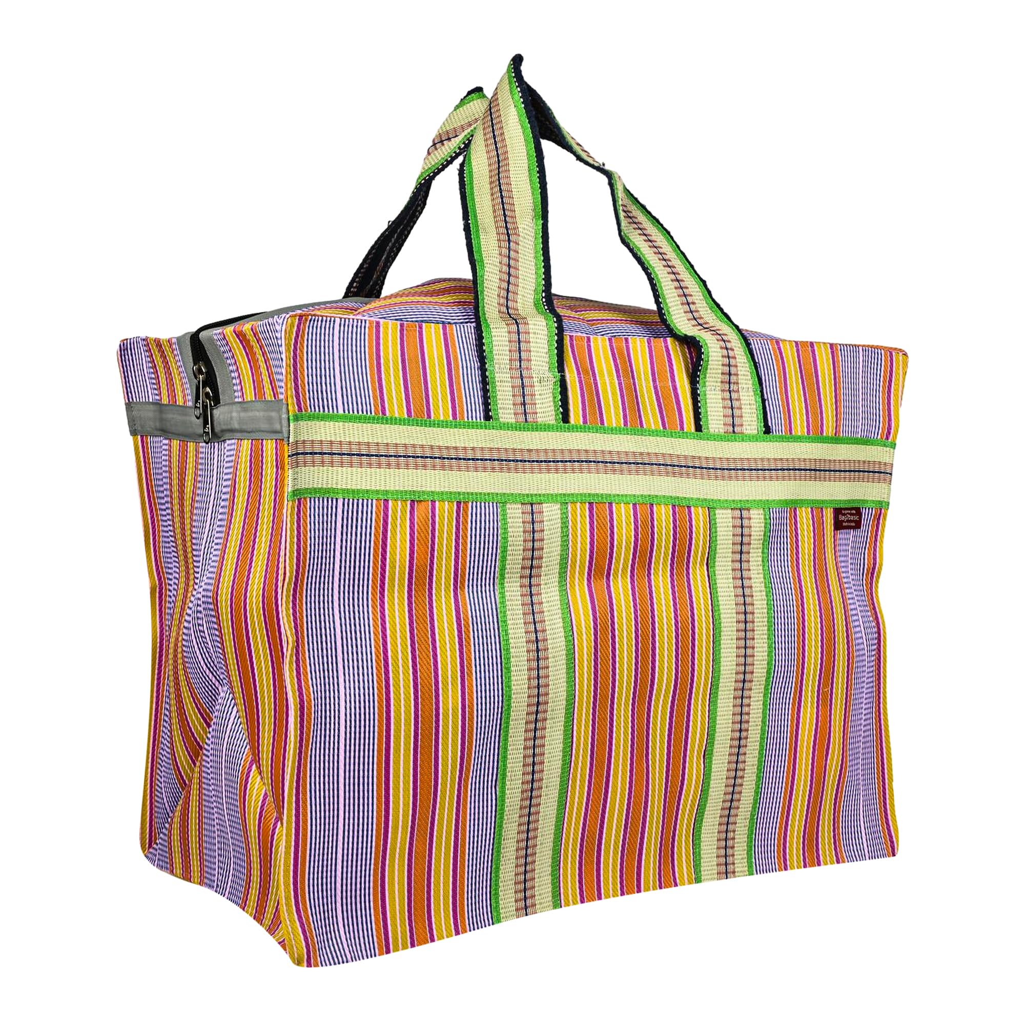 Bag2Basic (#B2B25NYXLZip) Reusable EXTRA LARGE Recycled Multicolour Cloth Tote Cum Handbag Jhola Under bed storage bag for clothes 20 x 14 x 12 inch with Zip closure