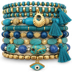BOHENOOR Bohemian Multicolour Beads Bracelet Set for Women and Girls – Handmade Stackable Stretchable Boho Charm Bracelets for Stylish Looks (Aqua)