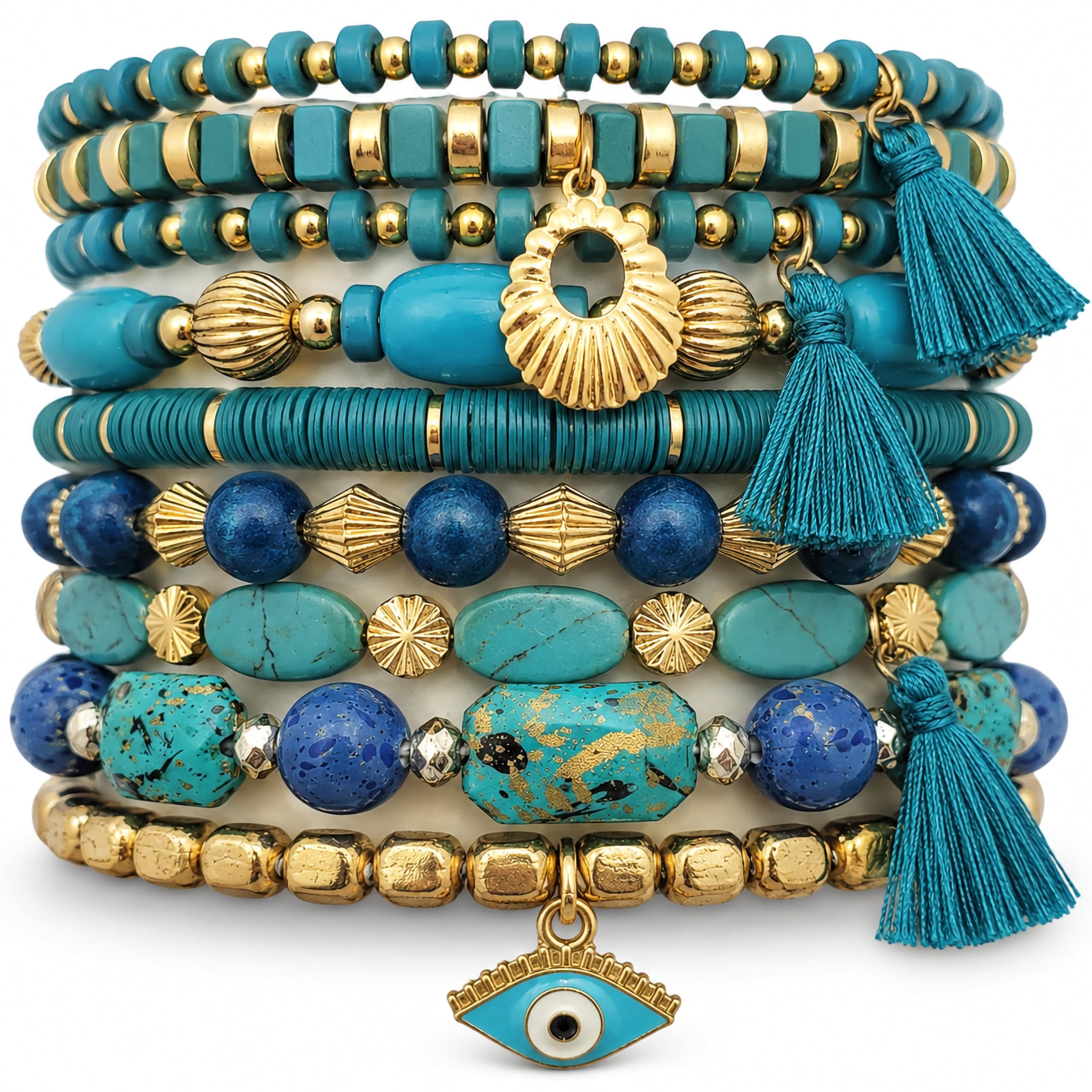 BOHENOOR Bohemian Multicolour Beads Bracelet Set for Women and Girls – Handmade Stackable Stretchable Boho Charm Bracelets for Stylish Looks (Aqua)