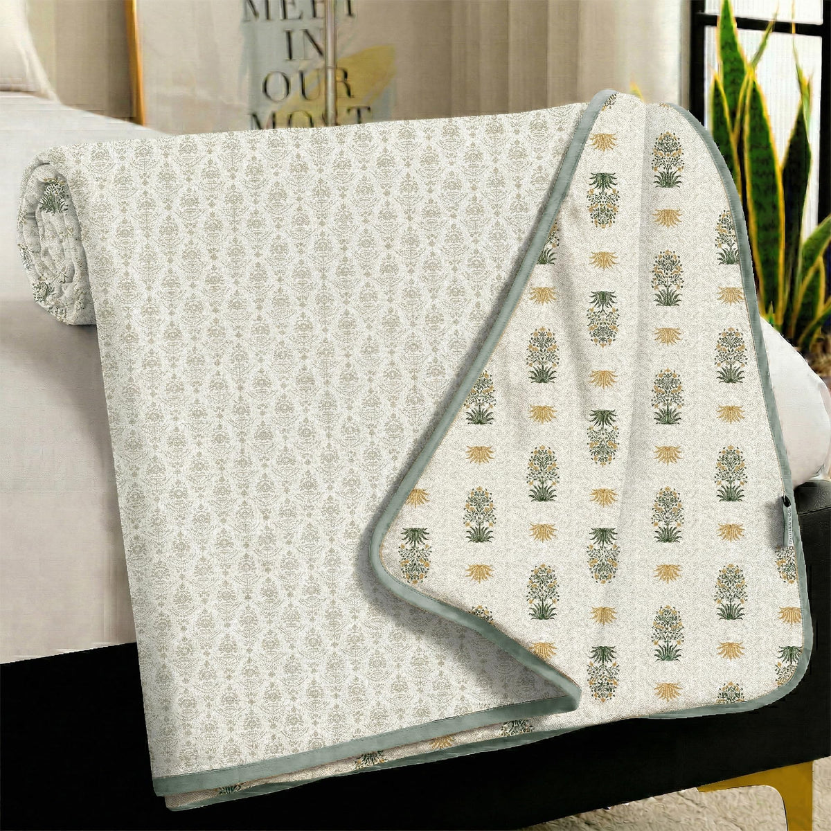 Story@Home Dohar Double Bed Cover Cotton 100% | 150GSM 225 x 240 CM Quilt AC Blanket for Summer | AC Comforter Double Bed |White & Green, Motif Reversible Design Duvet | All-Season Blanket Kafalo