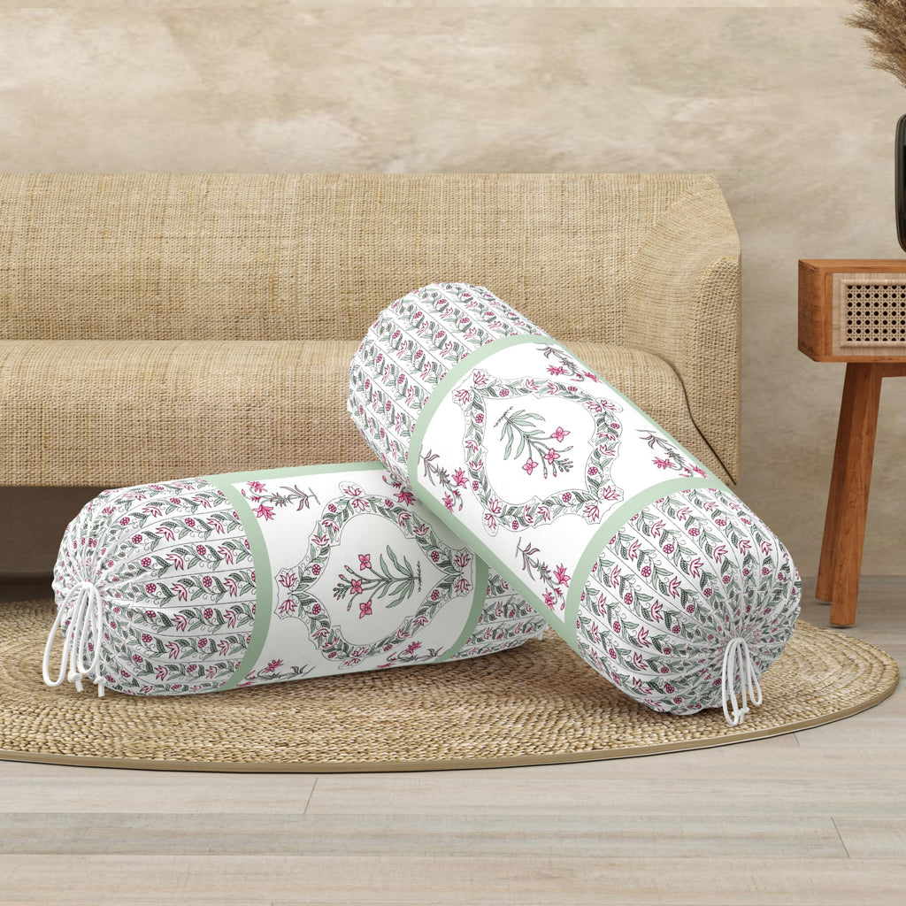 BLOCKS OF INDIA Cotton Hand Block Printed Bolster Cover | Booster Cover with Drawstring | Round Long Pillow Cover for Bed | Dewan Pillow Cover Set 16 X 32 | Set of 2 (Green BEL)