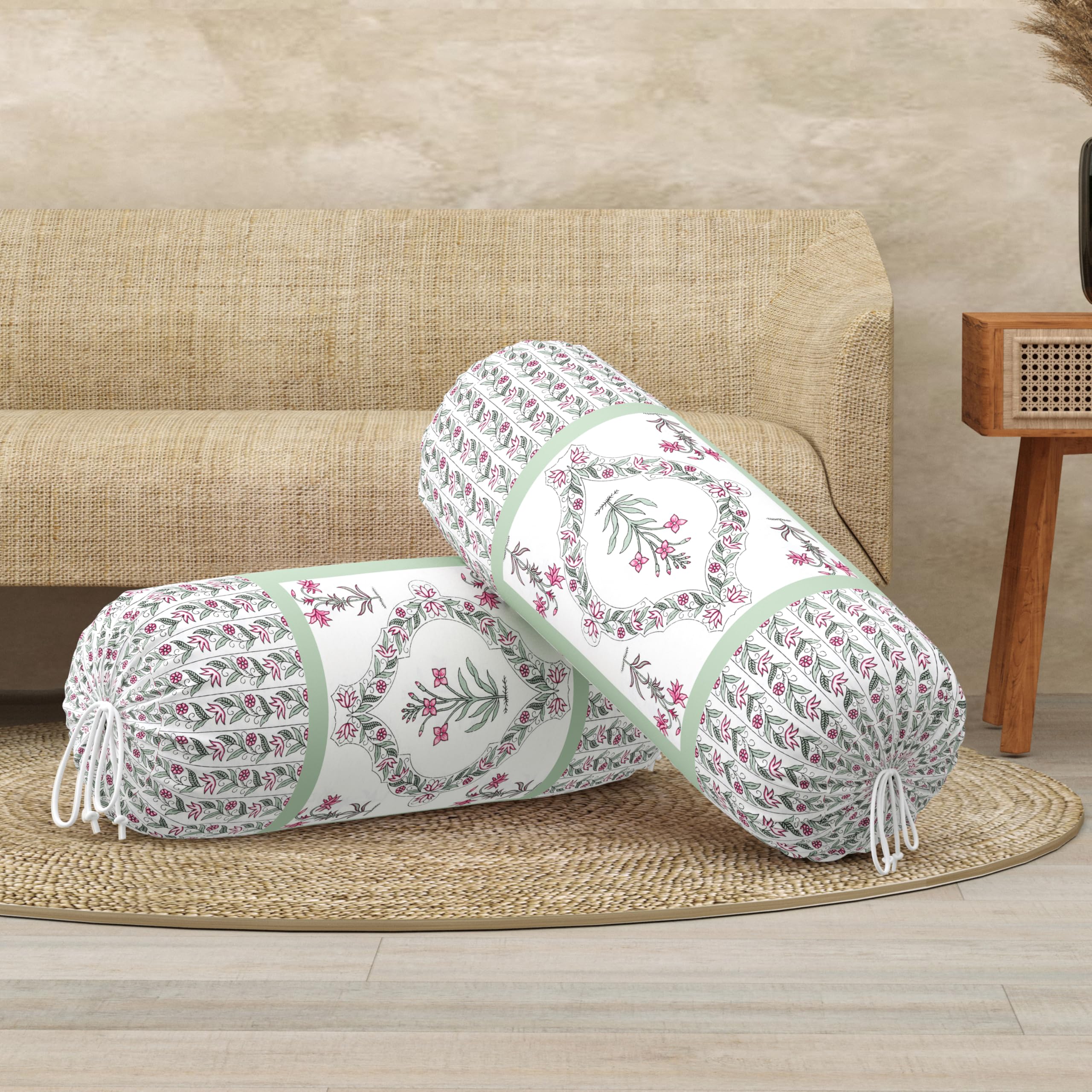 BLOCKS OF INDIA Cotton Hand Block Printed Bolster Cover | Booster Cover with Drawstring | Round Long Pillow Cover for Bed | Dewan Pillow Cover Set 16 X 32 | Set of 2 (Green BEL)