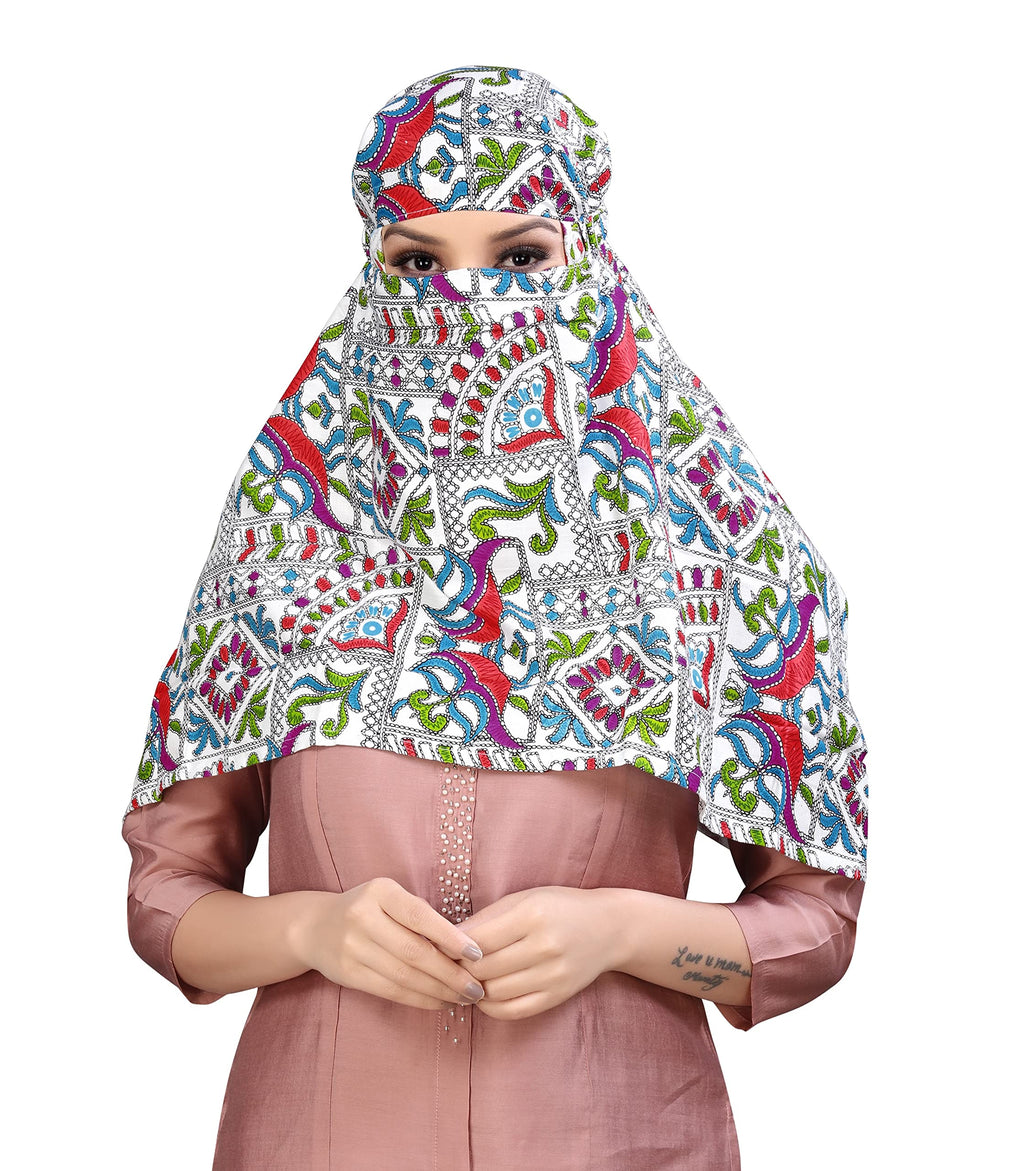 7 season's Female Cotton Short Scarf Cum Mask Universal Size/Usable For Vehicle Driver For Sunlight Uv Protection/White Printed Design (White Jaipuri, Free)