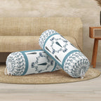BLOCKS OF INDIA Cotton Hand Block Printed Bolster Cover | Booster Cover with Drawstring | Round Long Pillow Cover for Bed | Dewan Pillow Cover Set 16 X 32 | Set of 2 (Grey Patti)