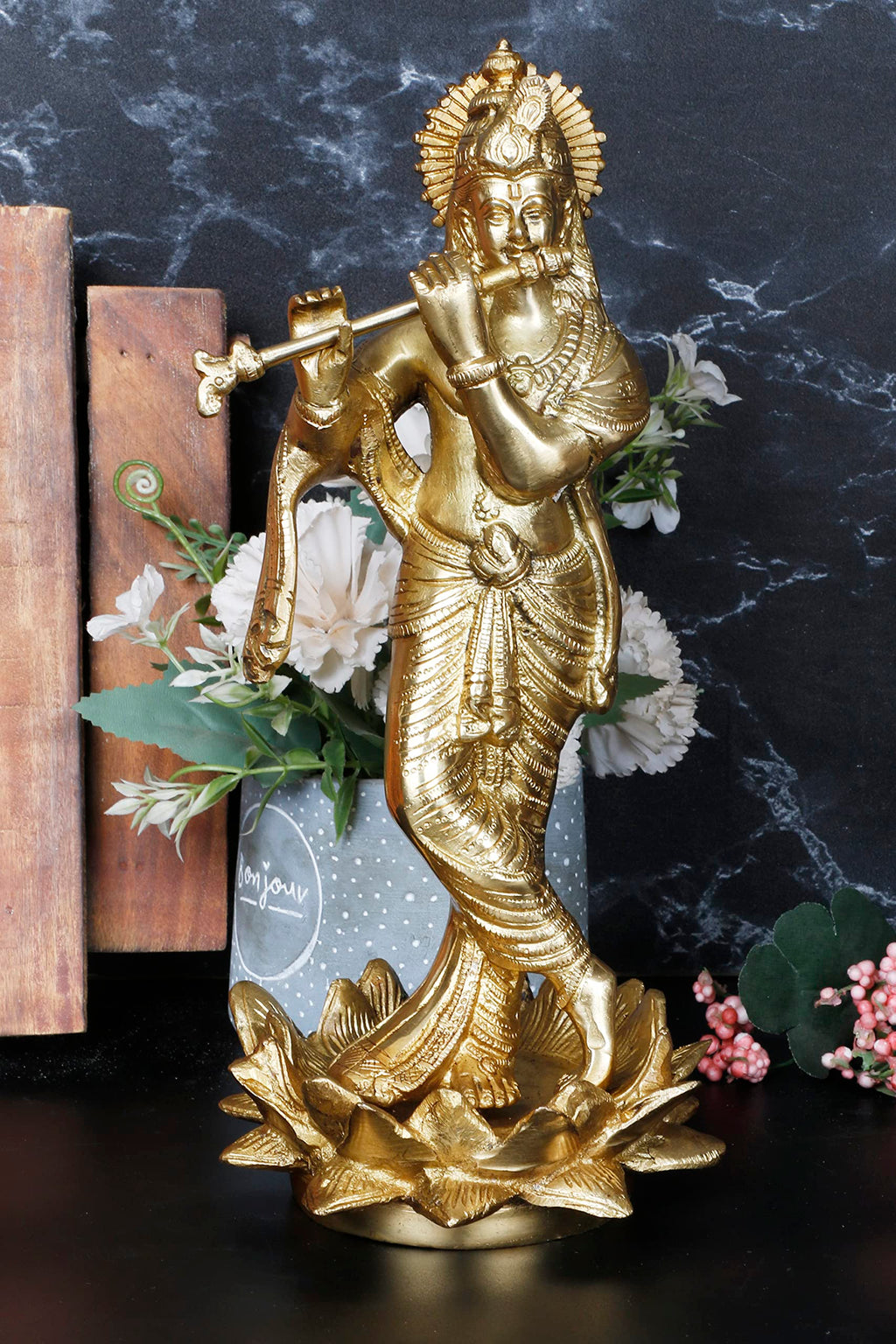 ARTVARKO Brass Krishna Statue Standing on Lotus Playing Flute God Religious Idol Figurine Home Decor Gold Color 11 Inches