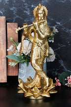 ARTVARKO Brass Krishna Statue Standing on Lotus Playing Flute God Religious Idol Figurine Home Decor Gold Color 11 Inches