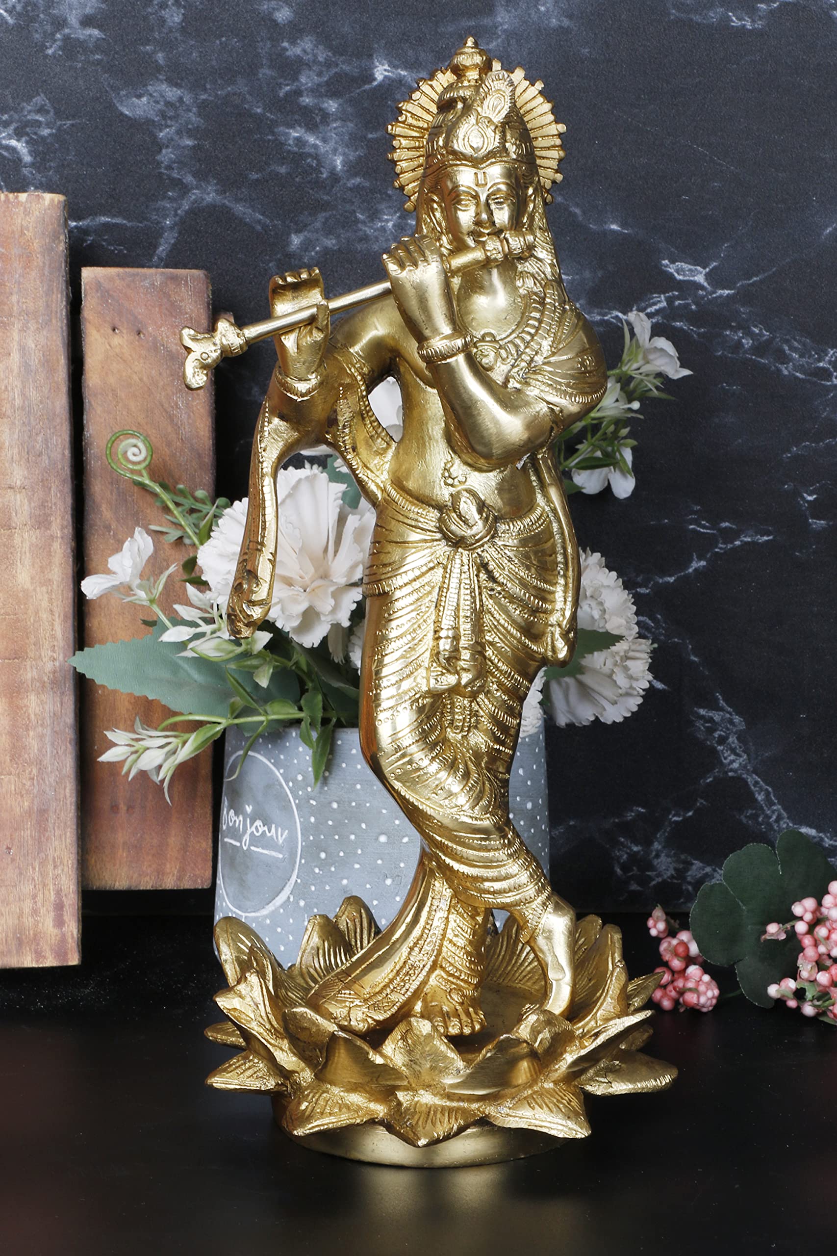 ARTVARKO Brass Krishna Statue Standing on Lotus Playing Flute God Religious Idol Figurine Home Decor Gold Color 11 Inches