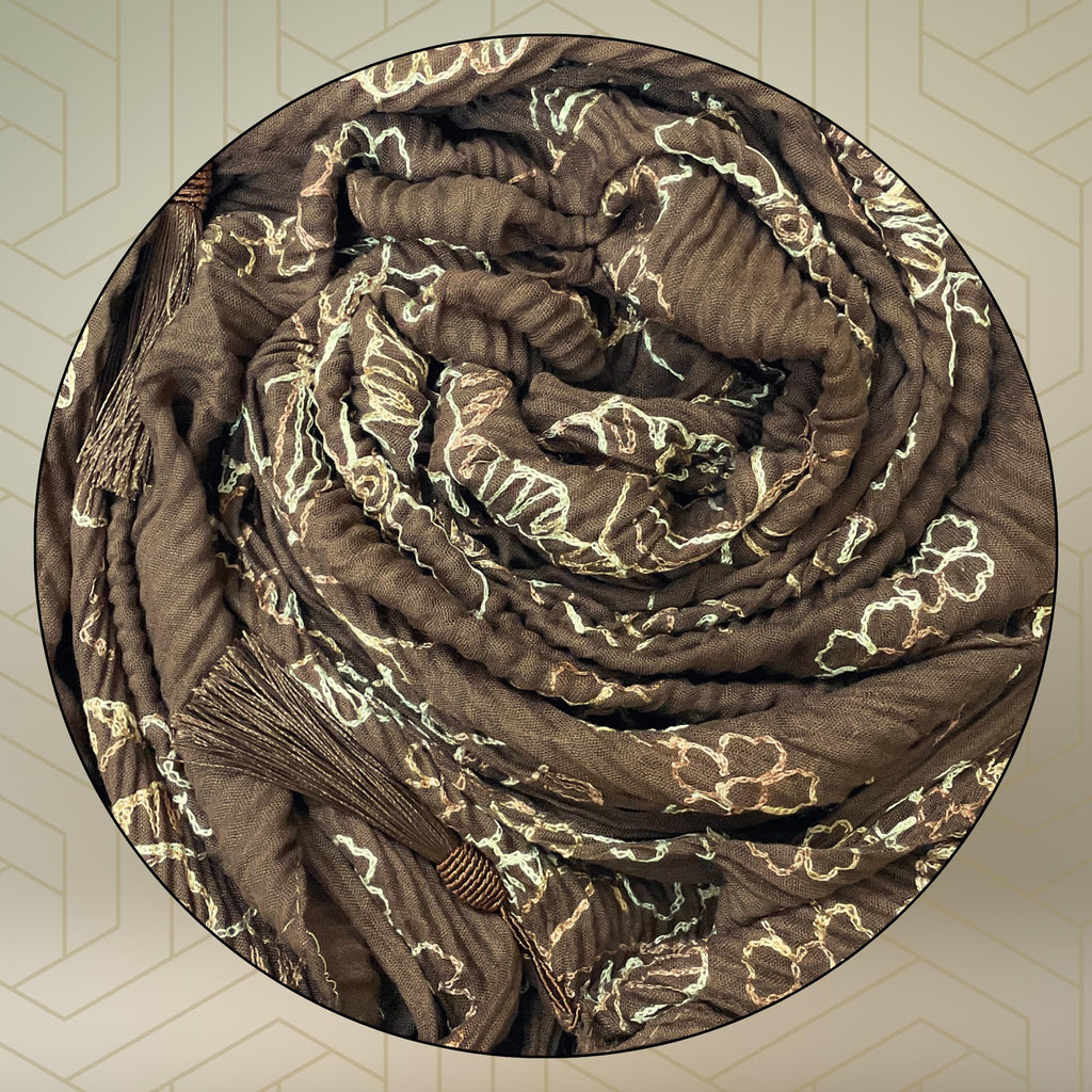 FAHABO Scarf Woman Pleated Cotton Scarves with Embroidery and Tassels | Hijab Scarf | Headscarf | Neck Scarf | Stoles | Wraps (Cafe Noir Brown -1)