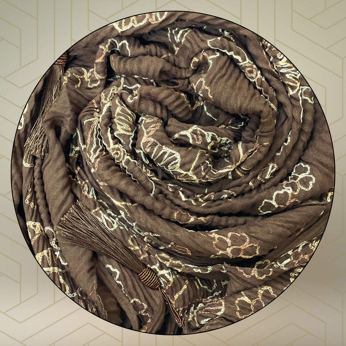 FAHABO Scarf Woman Pleated Cotton Scarves with Embroidery and Tassels | Hijab Scarf | Headscarf | Neck Scarf | Stoles | Wraps (Cafe Noir Brown -1)