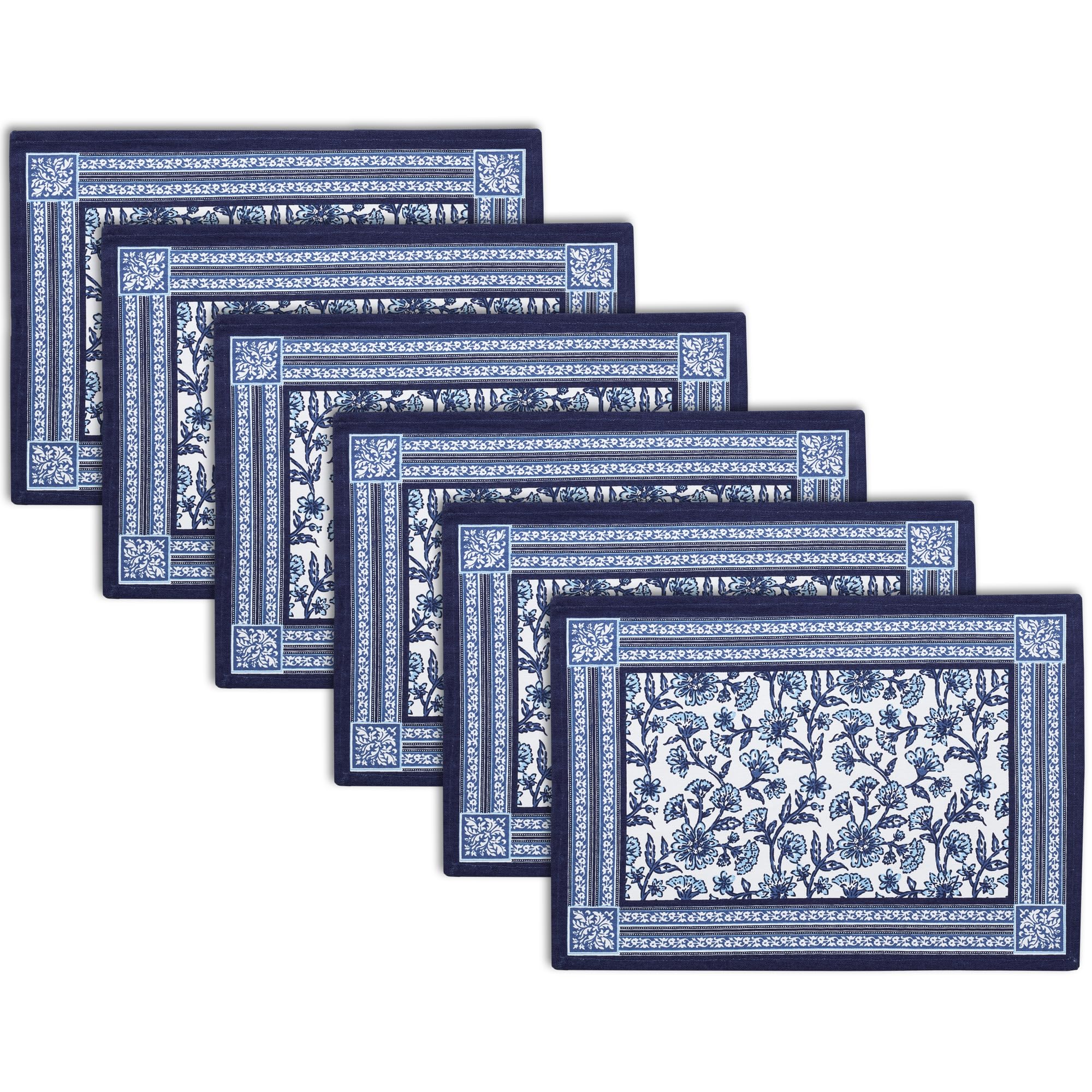Encasa XO Dining Table Placemats, Block Printed Cotton, Hand Print Indigo Kafalo