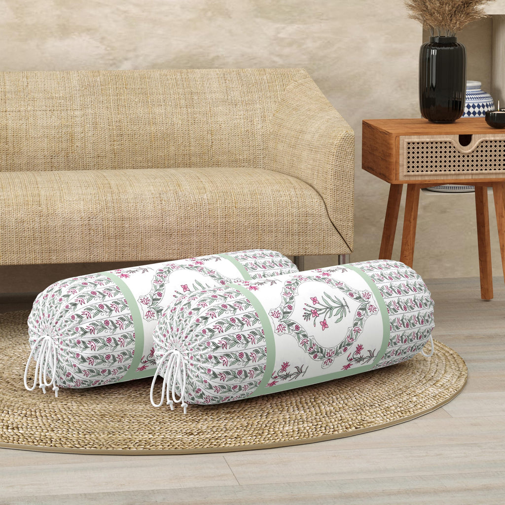 BLOCKS OF INDIA Cotton Hand Block Printed Bolster Cover | Booster Cover with Drawstring | Round Long Pillow Cover for Bed | Dewan Pillow Cover Set 16 X 32 | Set of 2 (Green BEL)
