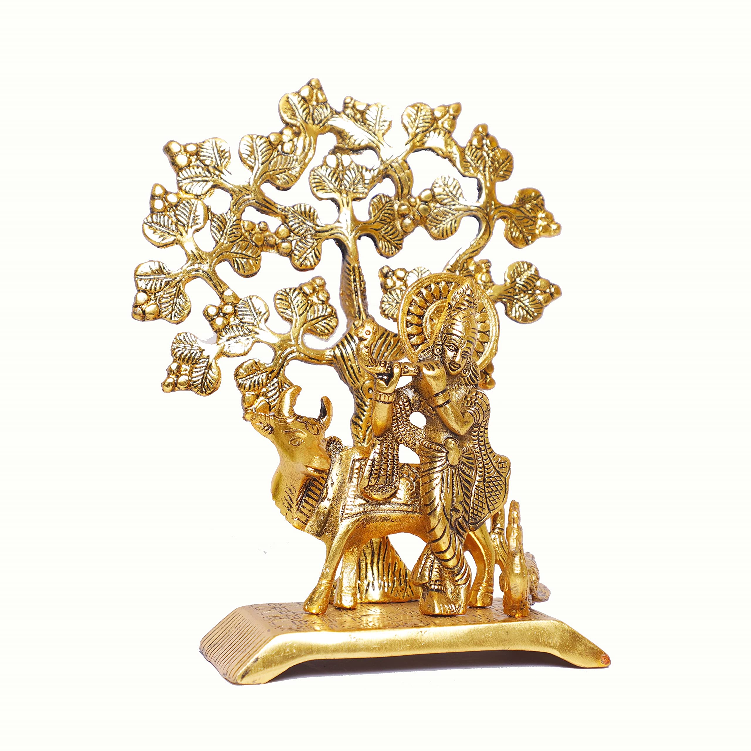 KridayKraft Metal Krishna Idol Statue with kamdhenu Cow Standing Under Tree Showpiece Figurine for Pooja Room & Gift,Decorative Religious Statue for Home,Office & Table...