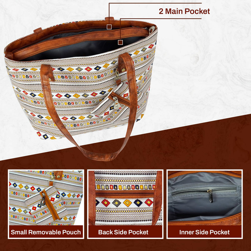 Storite Women's Tote Bag with Leather Handles & Embroidery Printed Handbag with Zip Pockets, Shoulder Tote Bag and Handbag for Office and College (Geometric Ethnic Stripe)