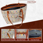 Storite Women's Tote Bag with Leather Handles & Embroidery Printed Handbag with Zip Pockets, Shoulder Tote Bag and Handbag for Office and College (Geometric Ethnic Stripe)