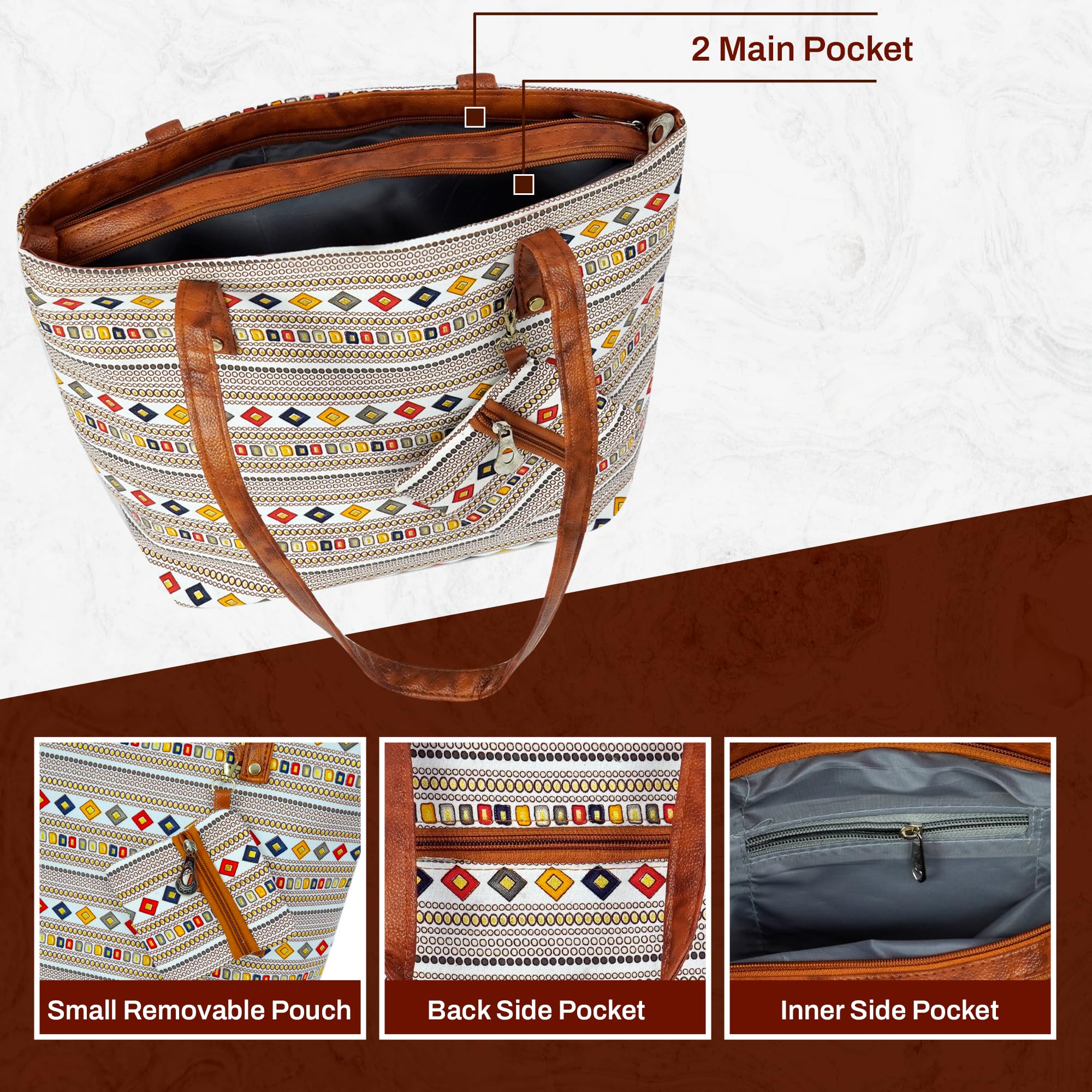 Storite Women's Tote Bag with Leather Handles & Embroidery Printed Handbag with Zip Pockets, Shoulder Tote Bag and Handbag for Office and College (Geometric Ethnic Stripe)