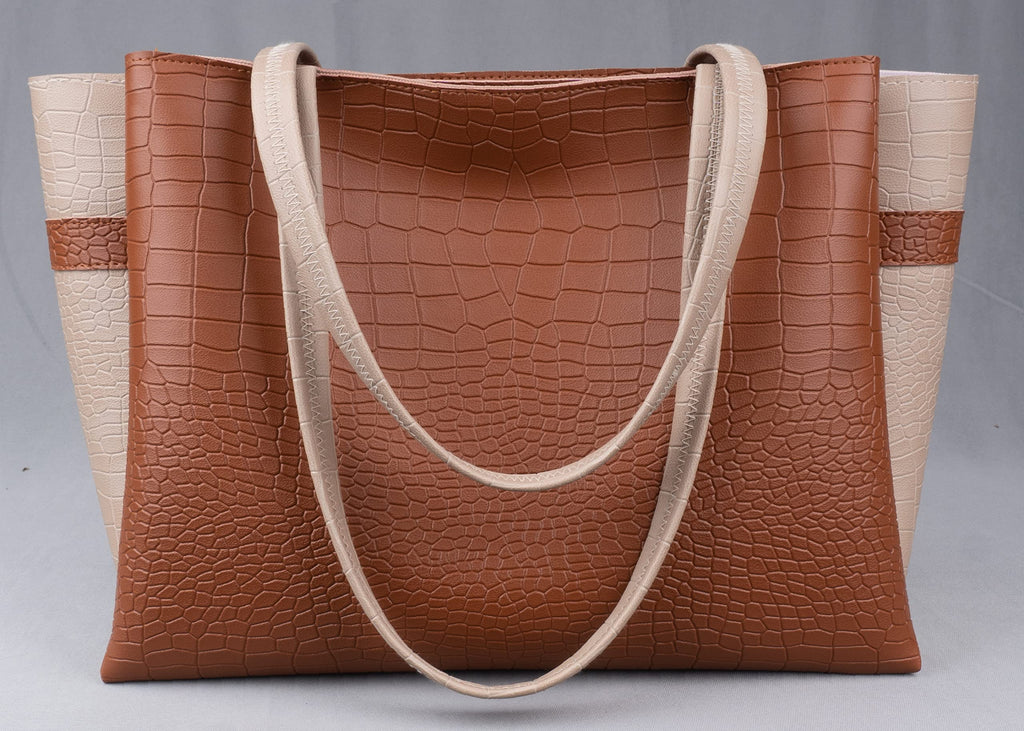 Carrylux Dual Tone Large Capacity Croco Pattern Tote Handbags Purses Shoulder Bag For Womens (Tan)