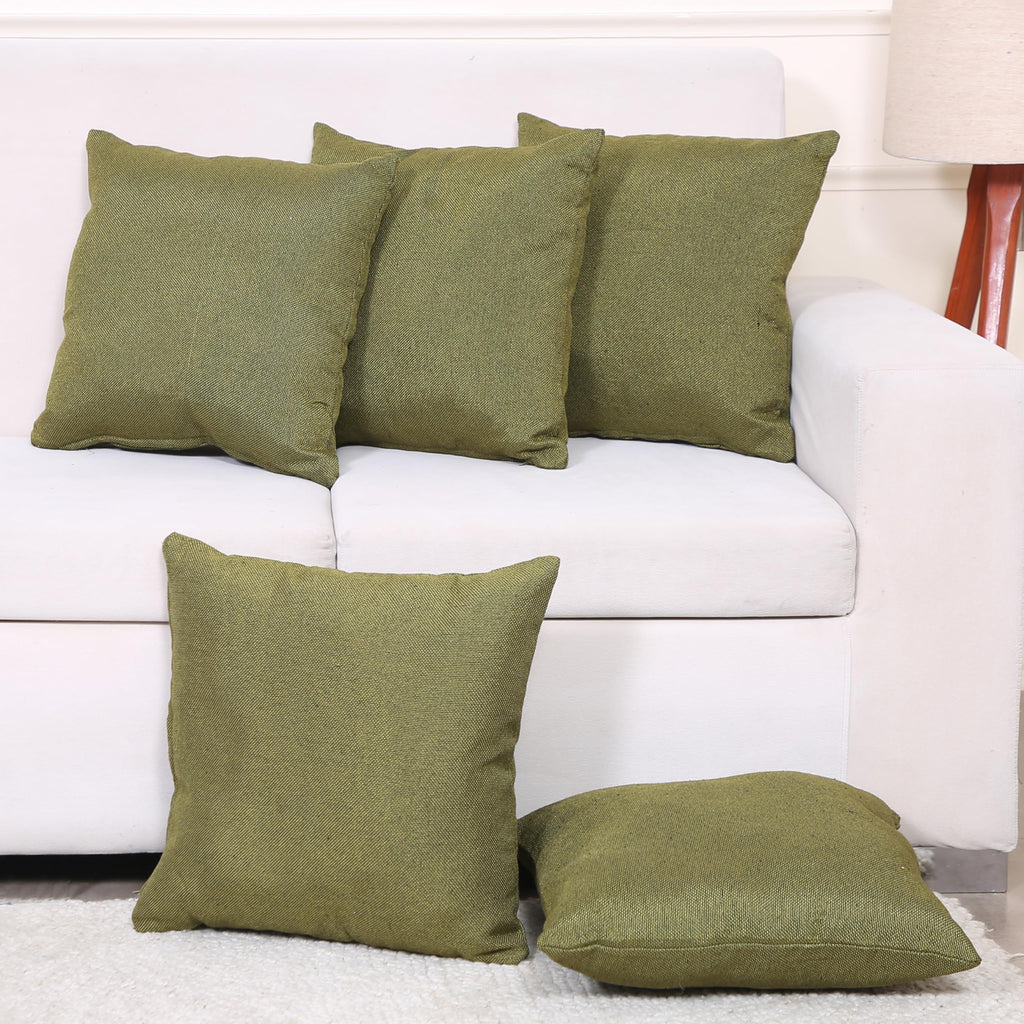 Yellow Weaves Jute Texture Cushion Covers, 12 X 12 Inches, Olive Green, Set of 5