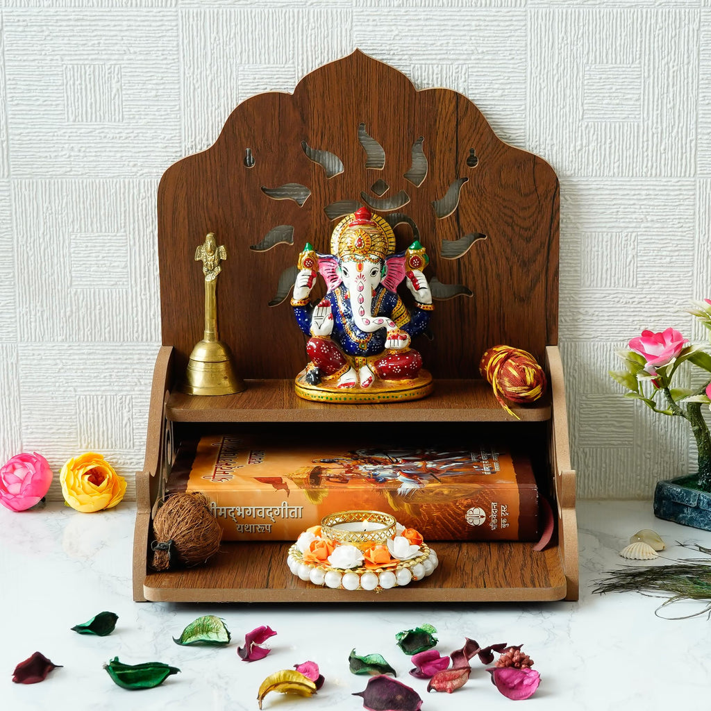 eCraftIndia Brown Om Design Beautiful Wooden Pooja Temple with Shelf - Mandir for Home Pooja Room - Wooden Temple for Home Wall Hanging - Home Temple Pooja Mandir - Diwali Gifts for Family Friends