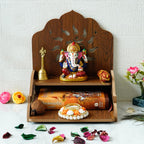 eCraftIndia Brown Om Design Beautiful Wooden Pooja Temple with Shelf - Mandir for Home Pooja Room - Wooden Temple for Home Wall Hanging - Home Temple Pooja Mandir - Diwali Gifts for Family Friends