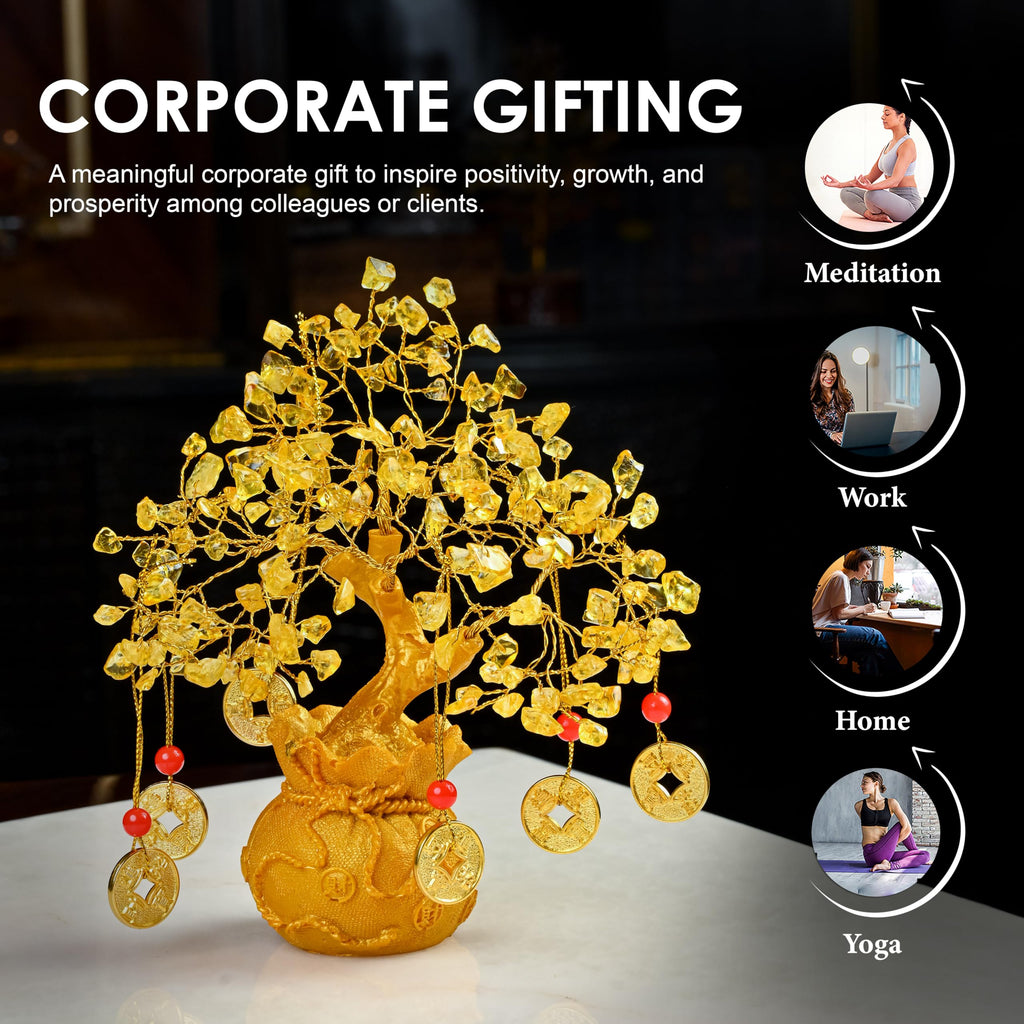 Crocon Citrine Crystal Tree of Life – Feng Shui Money Tree with 6 Coins & Potli Base – Reiki Healing Bonsai Tree for Wealth & Abundance – Crystal Tree for Positive Energy & Home Decor