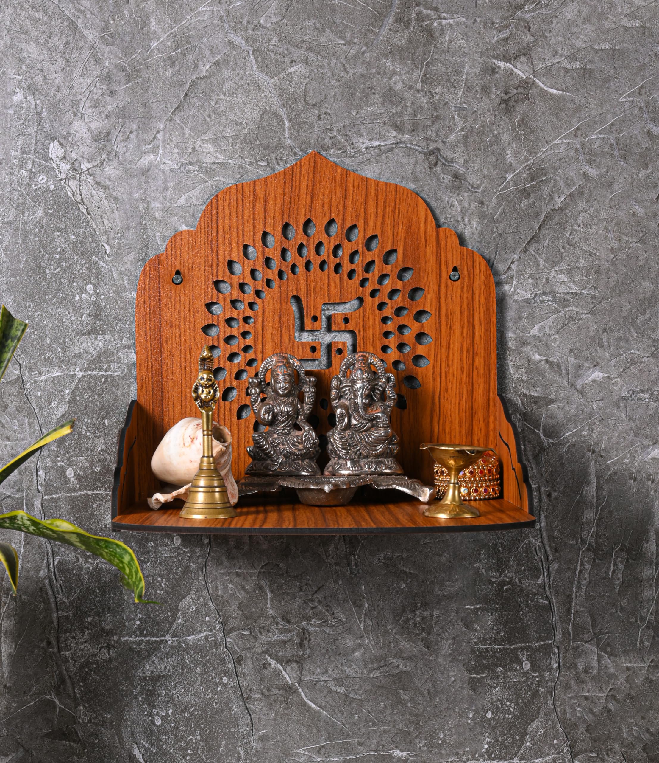GOJEEVA KRAFT Engineered Wood Hand Crafted Carved Pattern Home Temple for Idols Temple for Home and Office I Swastik Carved | Set Top Box Stand I Wooden Mandir (Pack of 1) (Medium)