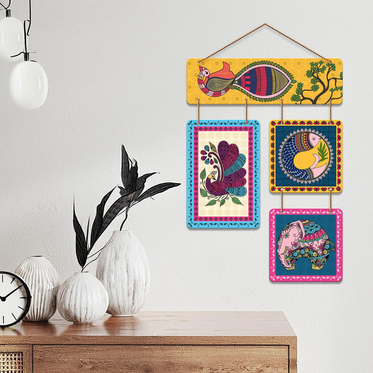 Artvibes Artistic Bird & Elephant Traditional Indian Folk Art Decorative Wall Hanging Ornaments | Printed Wall Decoration | Graphic Artwork | Wall Art Print | Sceneries | Unique Gift Items (WH_6534NN)