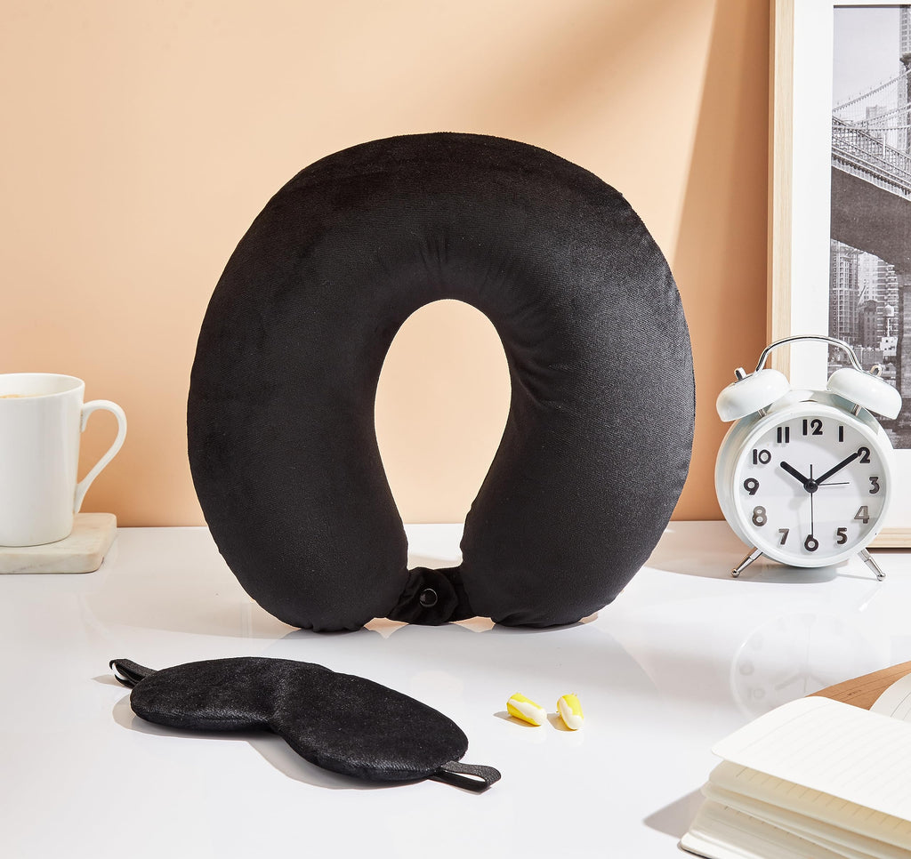 Trajectory Travel Neck Pillow with Sleeping Eye Mask Combo for Travelling and Sleeping in Airplane Flight, Cab, Car, Train, Bus for Men and Women Black(As seen on Shark Tank)